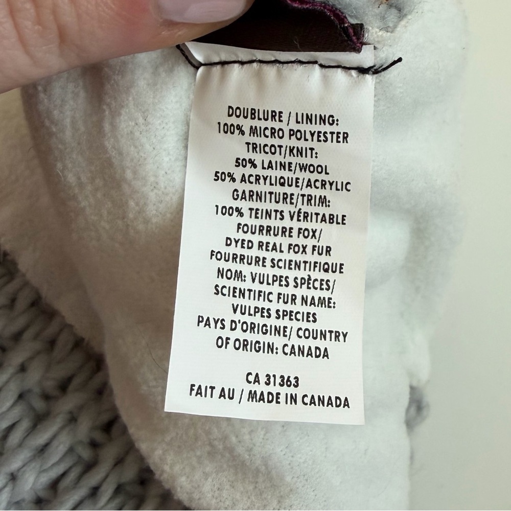 Wool Blend Beanie Hat Genuine Fox Fur Pom Os Marled Grey Kyi Kyi Canada Winter — image 3 of 7